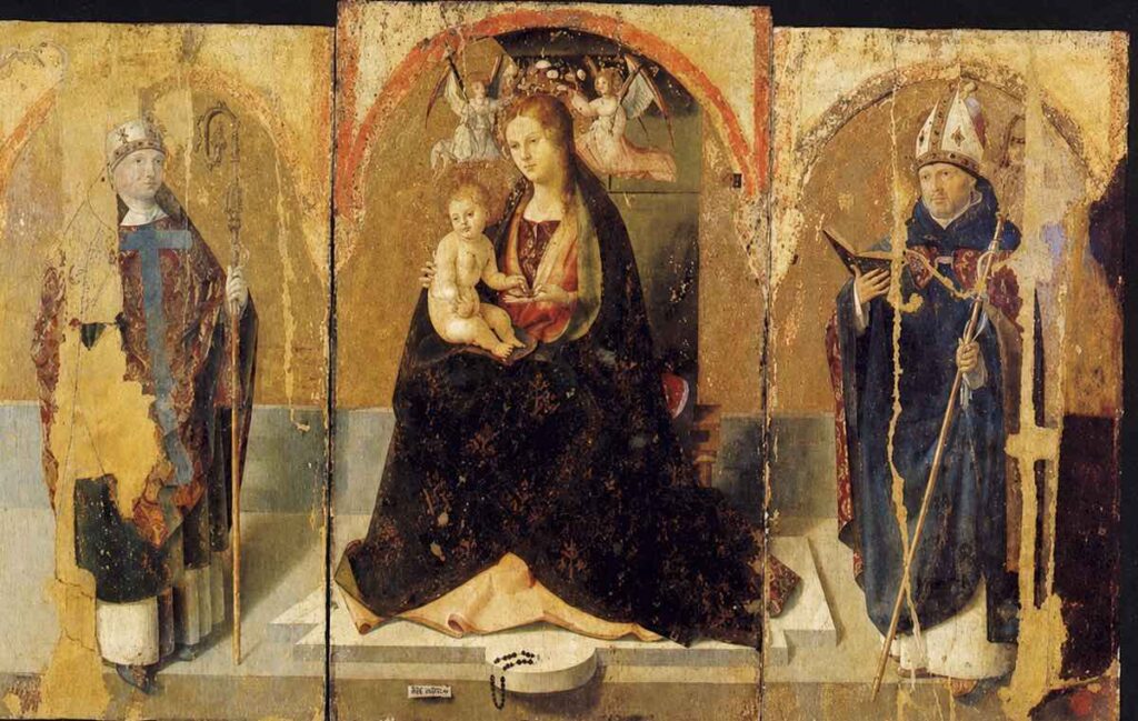 Antonello da Messina - Polittico di S. Gregorio Madonna col Bambino o del Rosario tra i Santi Gregorio e Benedetto - Angelo Annunciante e Annunciata