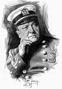 1 luglio 1914. Ritratto di Joe Petrosino pubblicato dal quotidiano statunitense The Fort Wayne Sentinel a corredo dell’articolo Perils of Petrosino, firmato da A. R. Parkhurst Jr. A cinque anni dal suo assassinio a Palermo, il giornale ne rievocava le indagini contro la criminalità organizzata e i rischi affrontati come detective della polizia di New York. Nel frattempo, la figura di Petrosino era già entrata nell’immaginario americano come simbolo della lotta alla mafia.