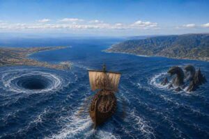 Lo Stretto di Messina nel racconto mitologico dell'Odissea interpretato da CHATGPT