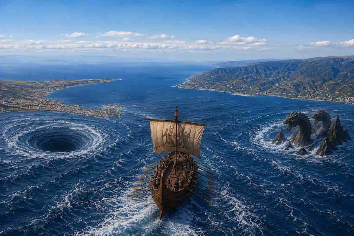 Lo Stretto di Messina nel racconto mitologico dell'Odissea interpretato da CHATGPT