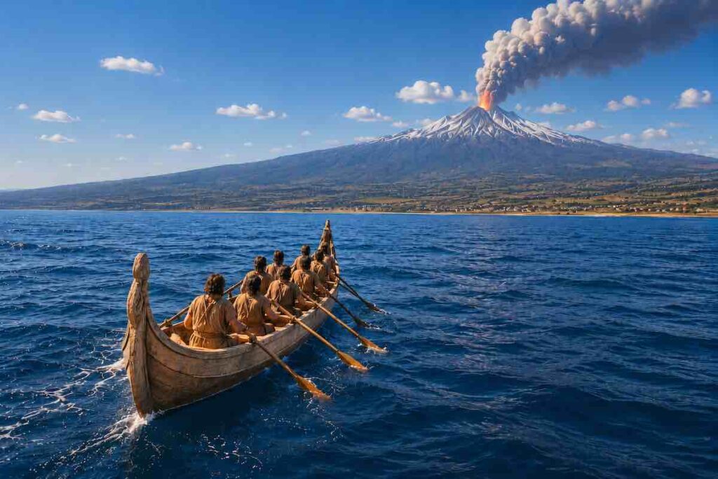 Arrivo dei primi uomini in Sicilia ricostruito da CHATGPT