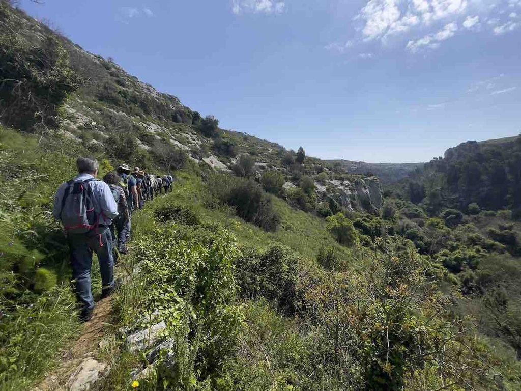 Cava della Misericordia, Ragusa — 19 aprile 2026. In fila lungo il versante della cava, gli escursionisti si dirigono verso le sorgenti di Cava Misericordia, seguendo il sentiero che attraversa uno dei paesaggi più caratteristici dell’altopiano ibleo. L’escursione, promossa dal Rotary Club Ragusa Host per la 56ª Giornata mondiale della Terra, richiama l’attenzione sul valore dell’acqua e sul fragile equilibrio tra ambiente naturale e presenza umana. Foto Archivio LIMEN.
