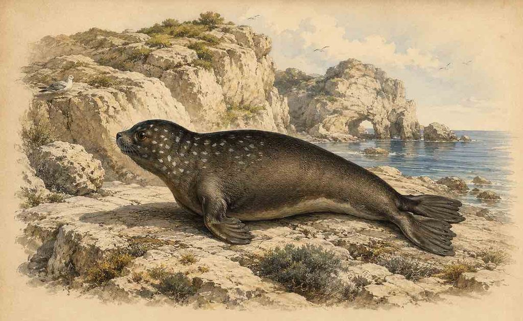 Monachus monachus (foca monaca mediterranea). Illustrazione originale ispirata al disegno storico The Monk Seal, Plate 13 tratta dall'opera di storia naturale The Naturalist's Library, curata da Sir William Jardine nel XIX secolo. La composizione riprende l'impostazione naturalistica e l'ambientazione rocciosa mediterranea, reinterpretandole in chiave contemporanea. Disegno elaborato dalla Redazione di LIMEN con CHATGPT.