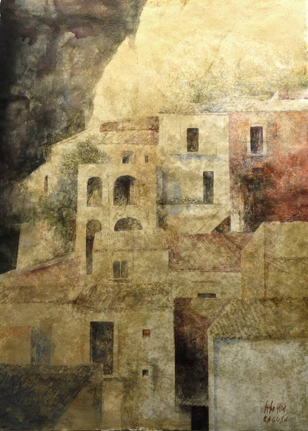 Ibla secondo Pedro Cano. Nell’acquarello la città conserva la sua complessità, fatta di case, vuoti, ombre e stratificazioni. È l’opposto di una scenografia costruita per il visitatore: per Cano, Ibla deve restare un luogo vivo, capace di custodire la propria identità senza ridursi all’immagine da cartolina che il turismo si aspetta di trovare.